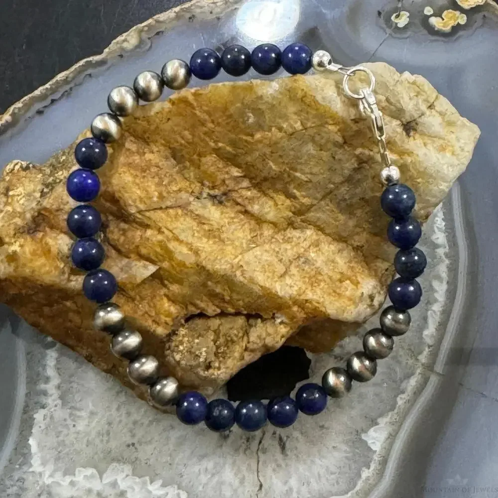 Native American Sterling 5 mm Navajo Pearl & Lapis Bead Link Bracelet For Women